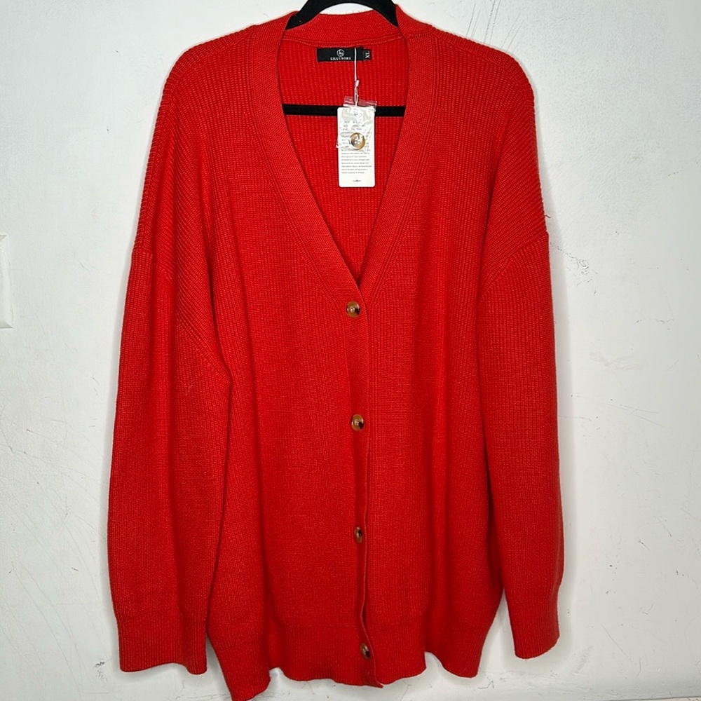 NWT Illusory Bold Red Acrylic Preppy Button Down Cardigan